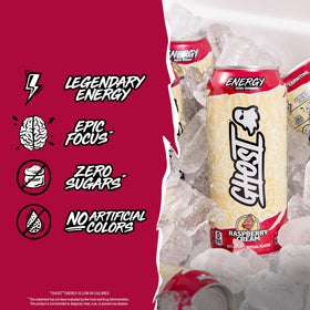 GHOST Energy Raspberry Cream label closeup shows transparent ingredient disclosure.