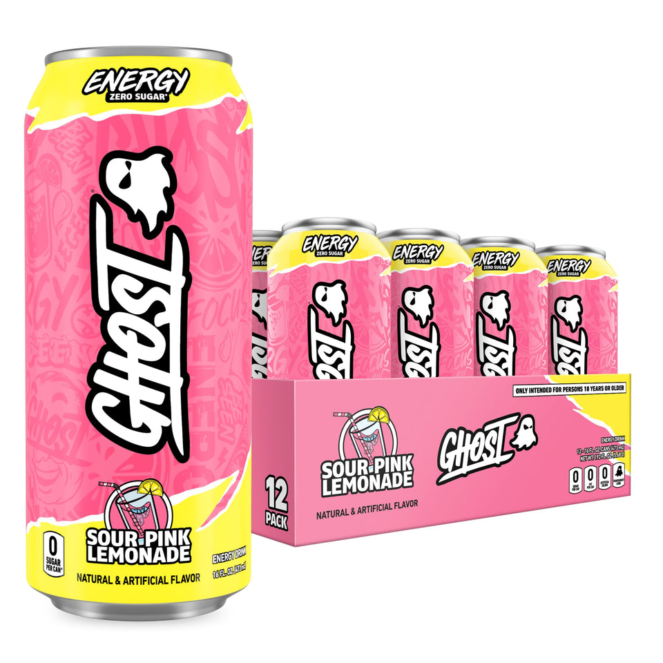 GHOST Energy Sour Pink Lemonade can closeup showing transparent label for clear ingredient details.
