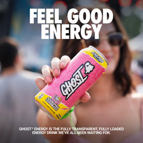 GHOST Energy Sour Pink Lemonade can resting on gym bench for pre-workout energy.