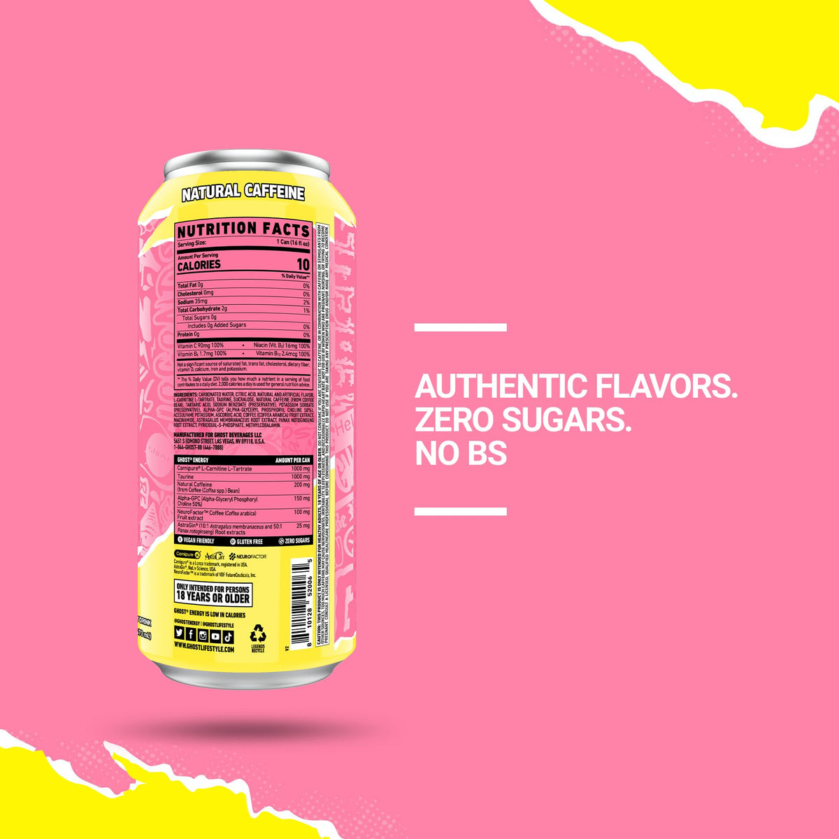 GHOST Energy Sour Pink Lemonade can closeup with transparent label and ingredient transparency.