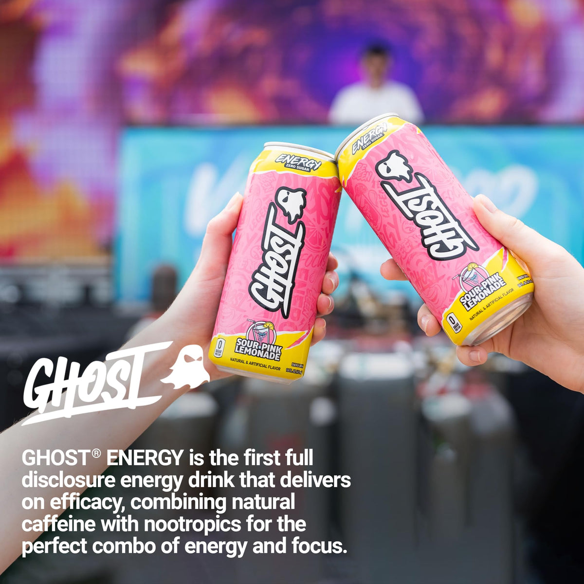 GHOST Energy Sour Pink Lemonade hero shot highlighting vegan-friendly, gluten-free formula.