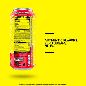 GHOST Energy Sour Patch Kids Redberry back label shows transparent ingredients and sugar-free formula.