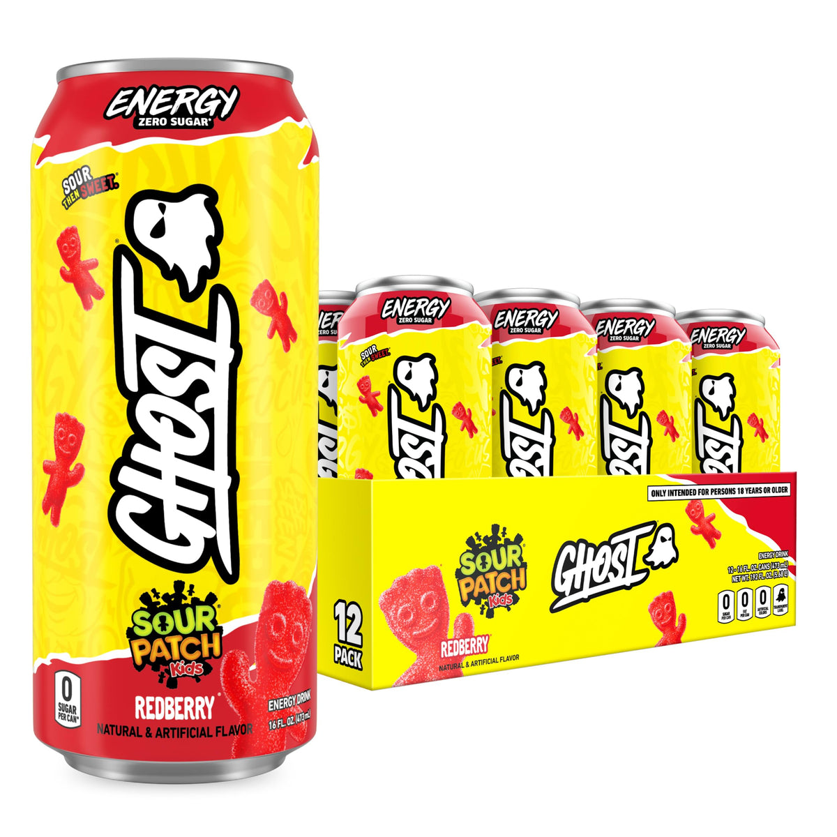 GHOST Energy Sour Patch Kids Redberry front can view, bold flavor and energy.
