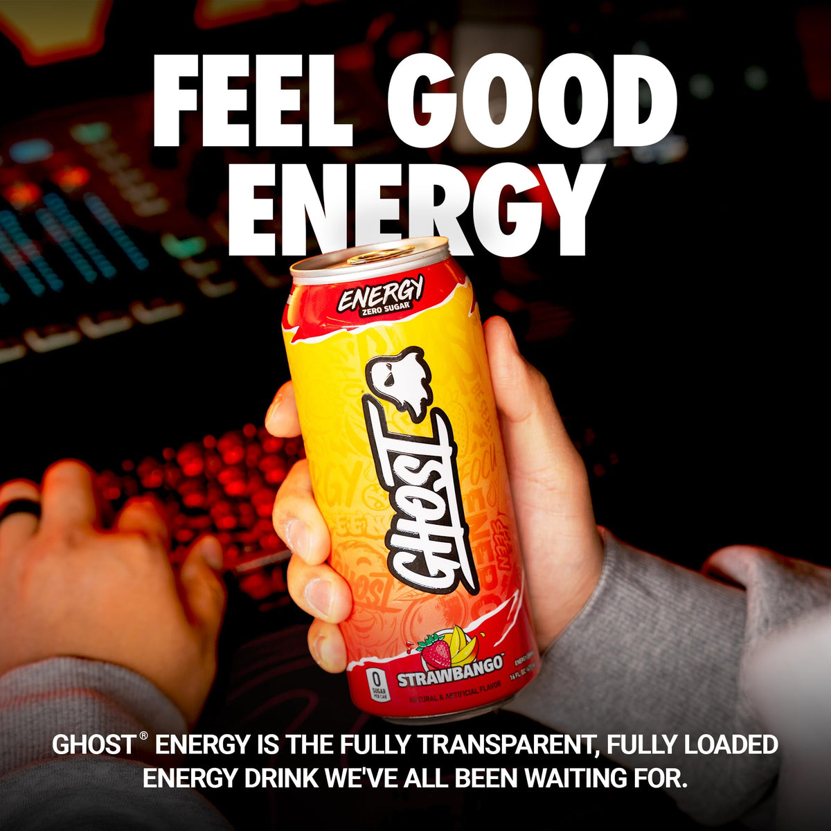 Ghost Energy Strawbango label close-up showing transparent ingredient disclosure