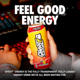 Ghost Energy Strawbango label close-up showing transparent ingredient disclosure