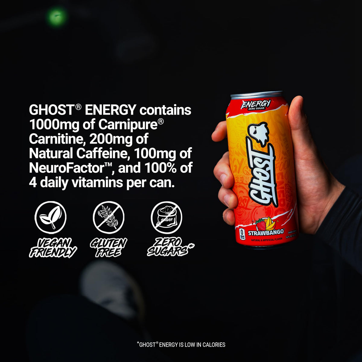 Ghost Energy Strawbango on shelf highlighting vegan and gluten-free options