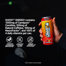 Ghost Energy Strawbango on shelf highlighting vegan and gluten-free options