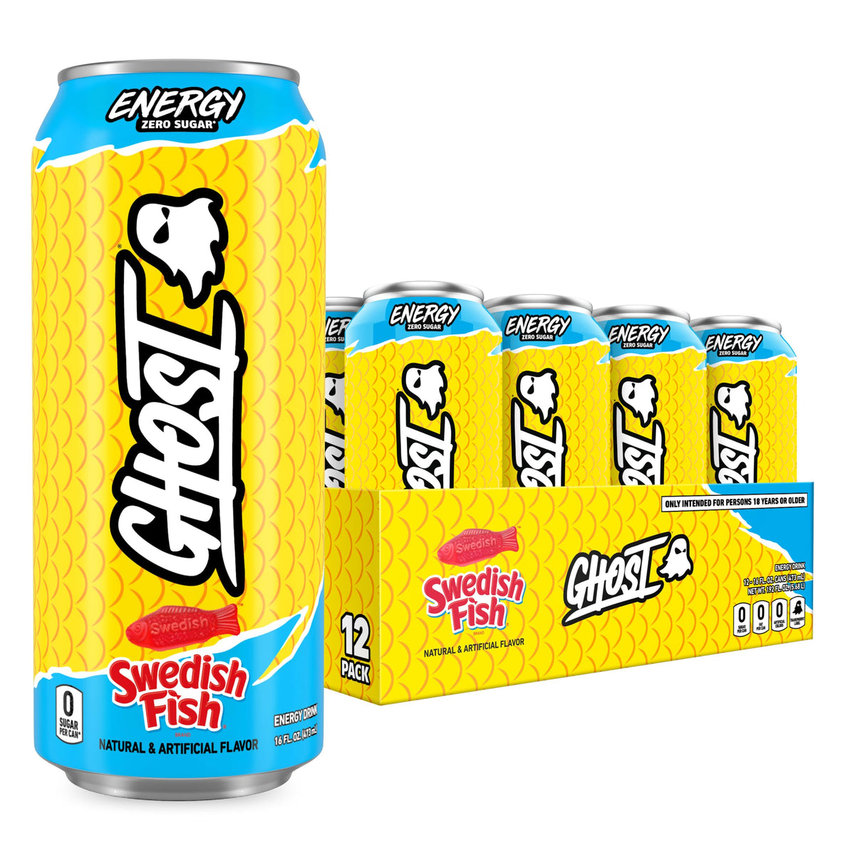 GHOST Energy Swedish Fish can front featuring vibrant label and focus-friendly design.