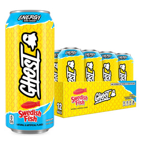 GHOST Energy Swedish Fish can front featuring vibrant label and focus-friendly design.