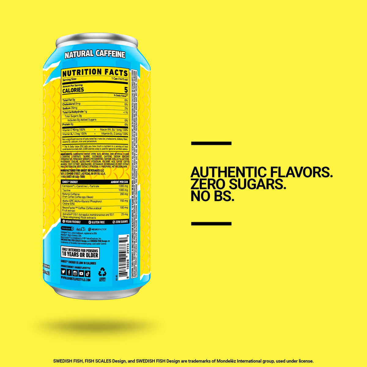 GHOST Energy Swedish Fish pack back showing transparent ingredients and vegan gluten-free benefits.