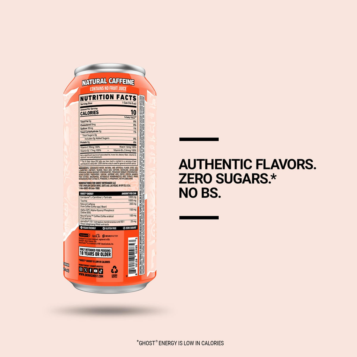GHOST Energy transparent label close-up showing disclosed ingredients