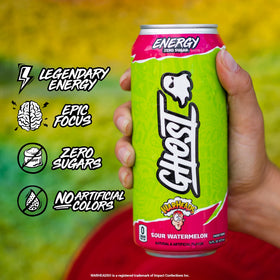 Ghost Energy transparent-label ingredients visual communicates caffeine and nootropics per can.