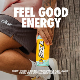 Ghost Energy Tropical Mango 16oz can back shows transparent ingredient disclosure.