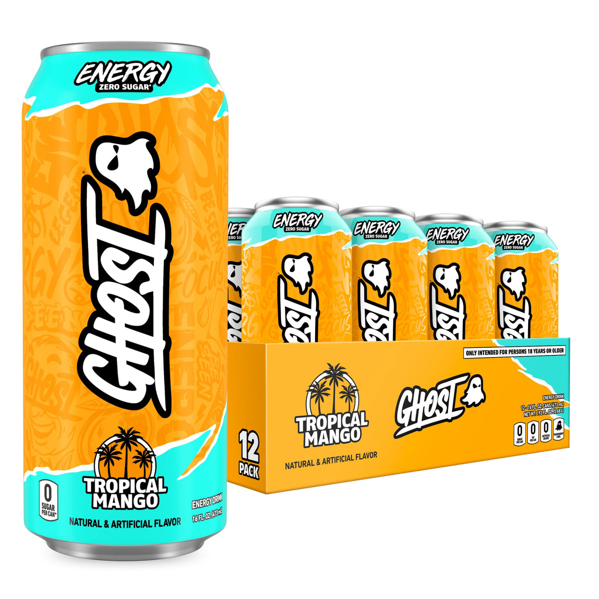 Ghost Energy Tropical Mango 16oz can front view for a clean energy boost.