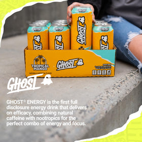 Ghost Energy Tropical Mango on a desk signaling focus and daylong momentum.