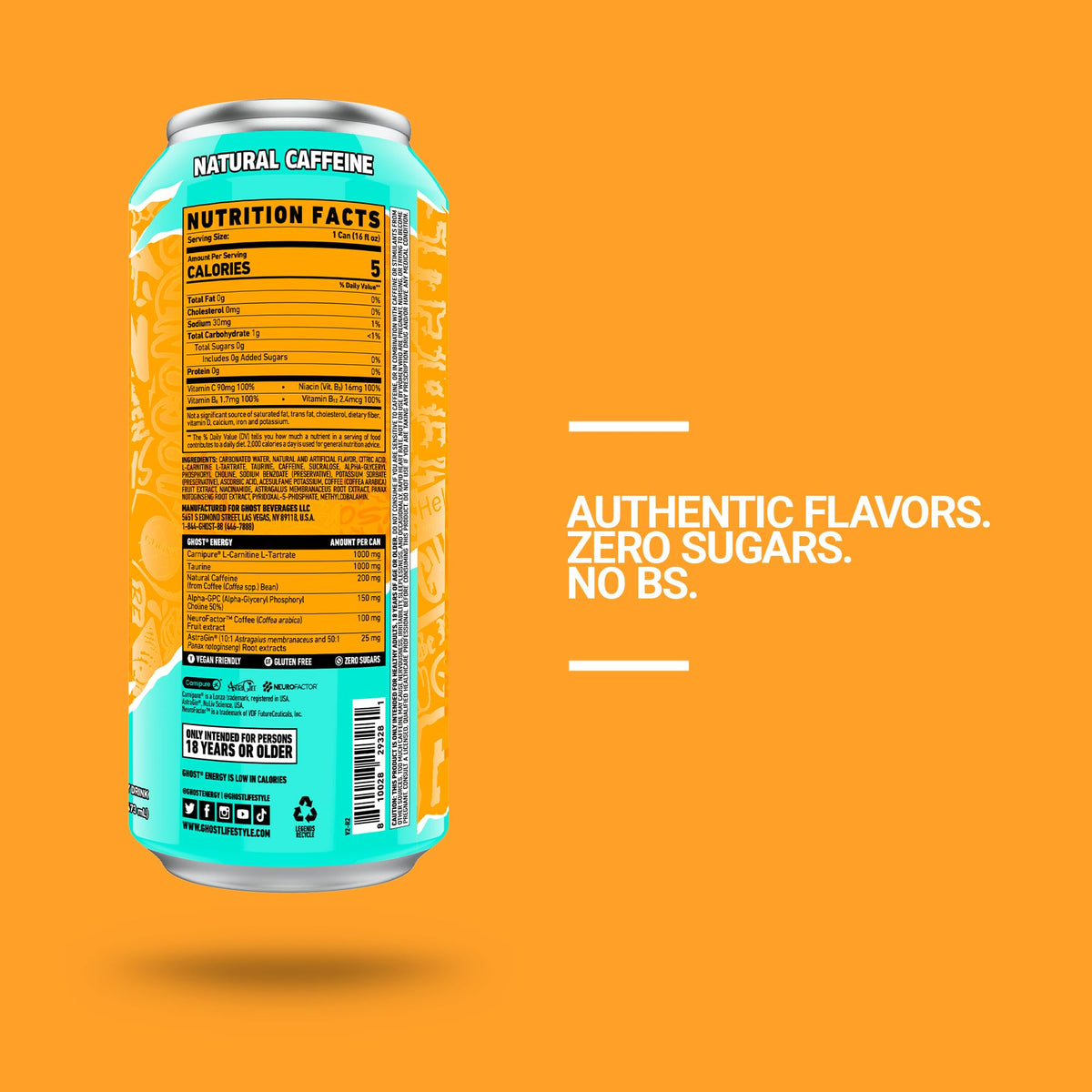 Ghost Energy Tropical Mango label close-up highlighting no sugars and vegan status.