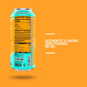 Ghost Energy Tropical Mango label close-up highlighting no sugars and vegan status.