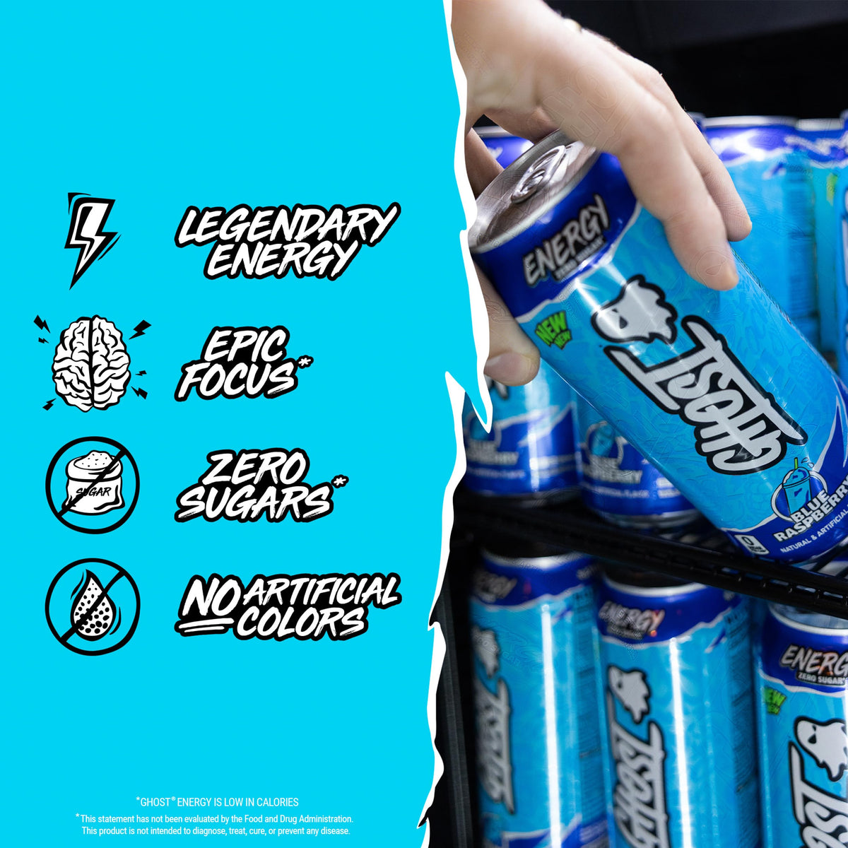 GHOST Energy twelve-pack display emphasizing convenience and value.