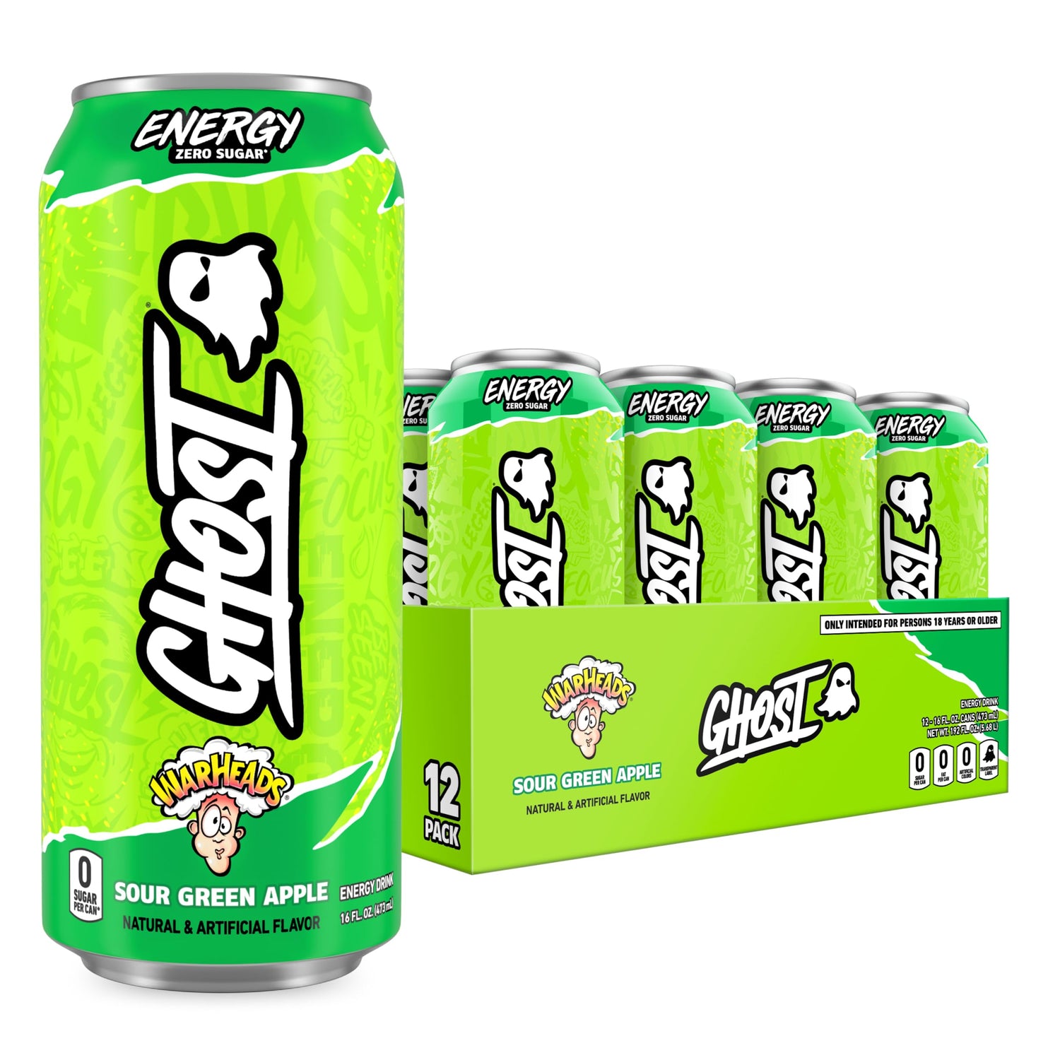 GHOST Energy Warheads Sour Green Apple can, crisp flavor for quick focus