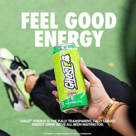 GHOST Energy Warheads Sour Green Apple can, vibrant color for afternoon focus