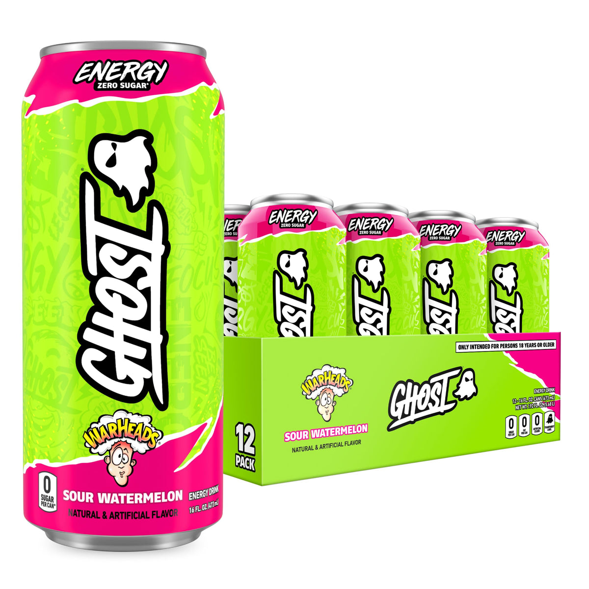 Ghost Energy Warheads Sour Watermelon can front view, flavor and study-friendly energy.