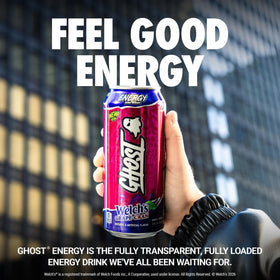 Back view of Ghost Energy Welch’s Grape-Cran can showing ingredients and caffeine.