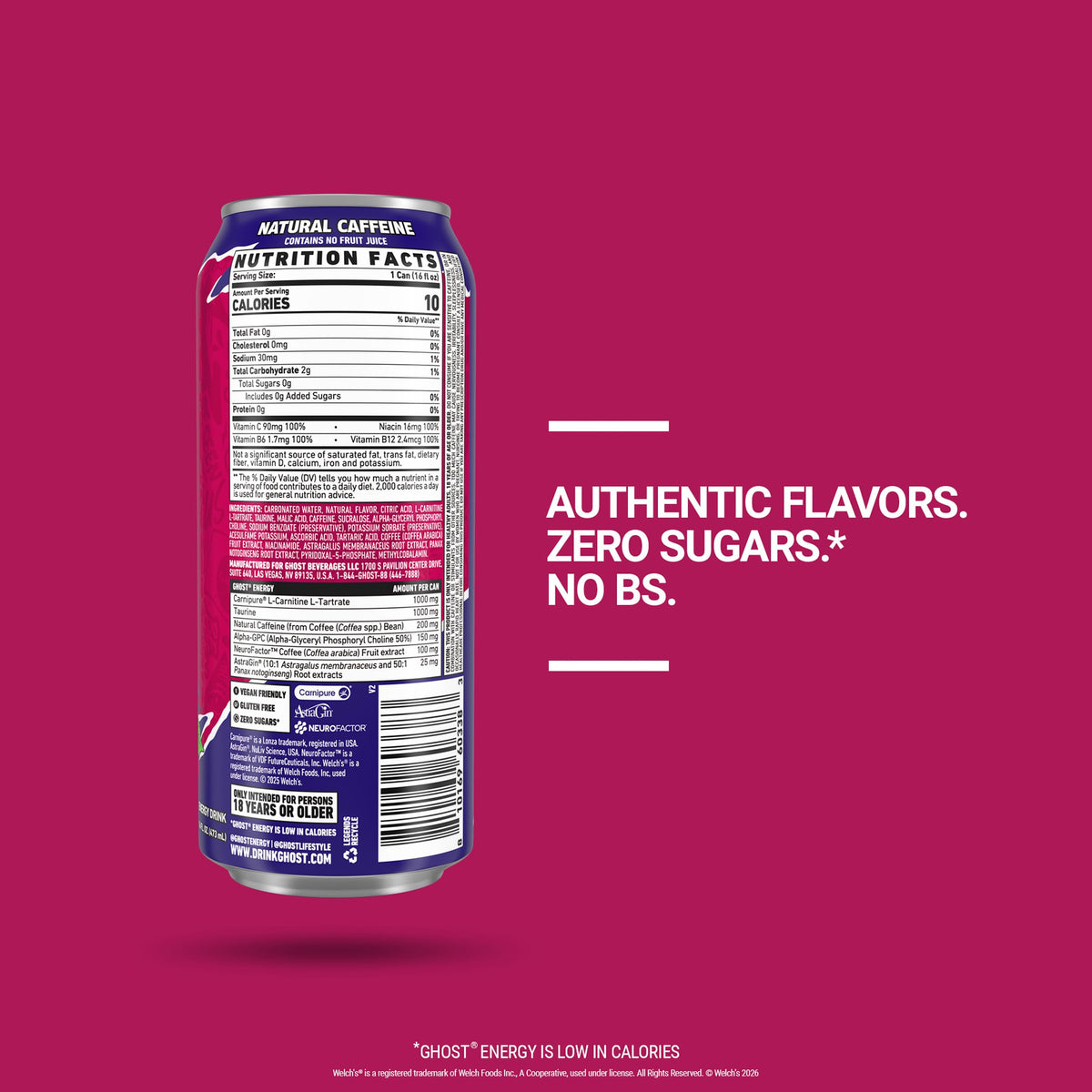Close-up of Ghost Energy label with 200 mg caffeine detail.