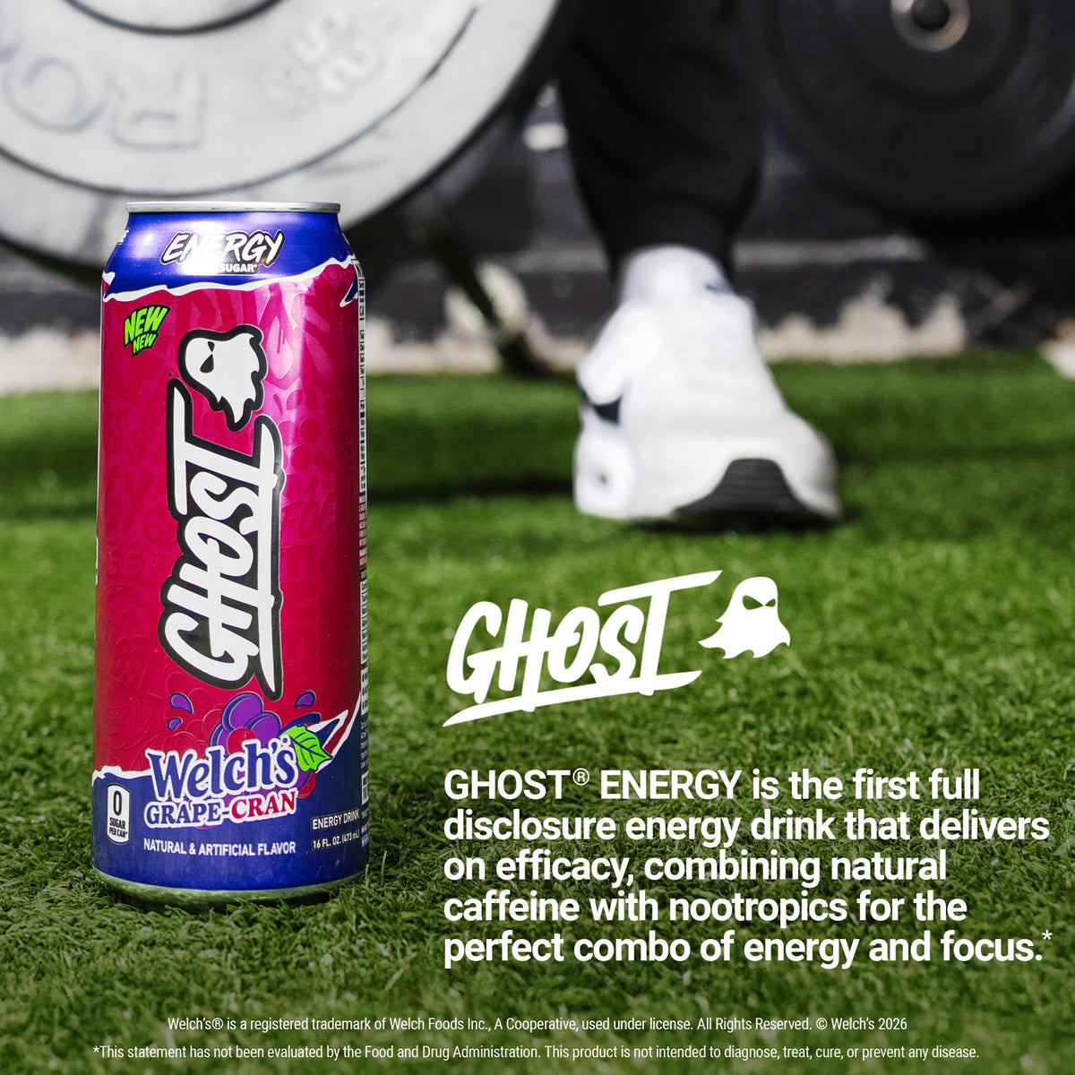Label close-up noting vegan and gluten-free claims on Ghost Energy.