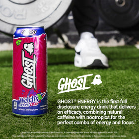 Label close-up noting vegan and gluten-free claims on Ghost Energy.
