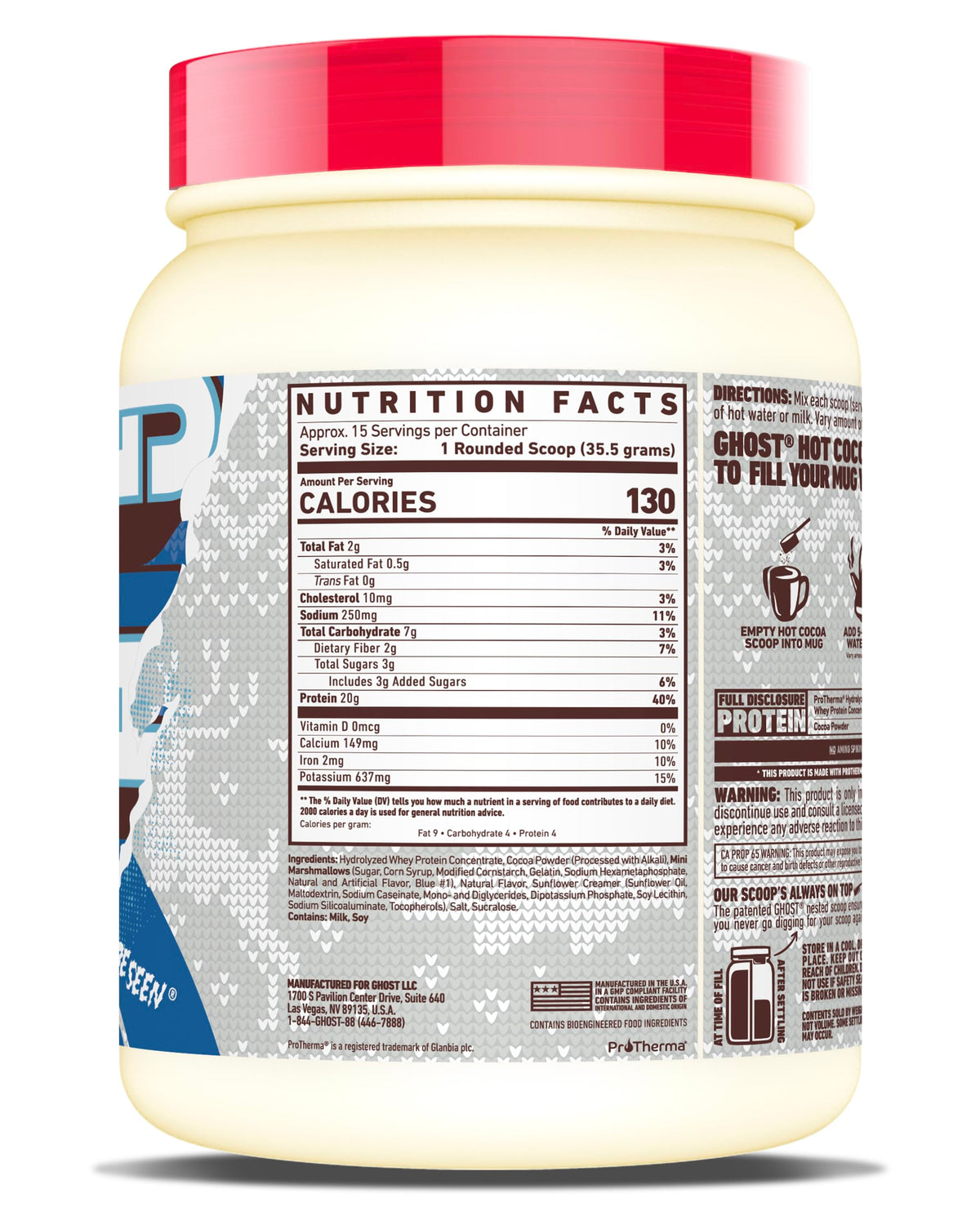 Ghost High Protein Hot Cocoa tub label showing gluten-free, transparent ingredient disclosure