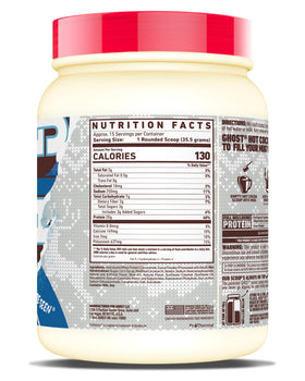 Ghost High Protein Hot Cocoa tub label showing gluten-free, transparent ingredient disclosure