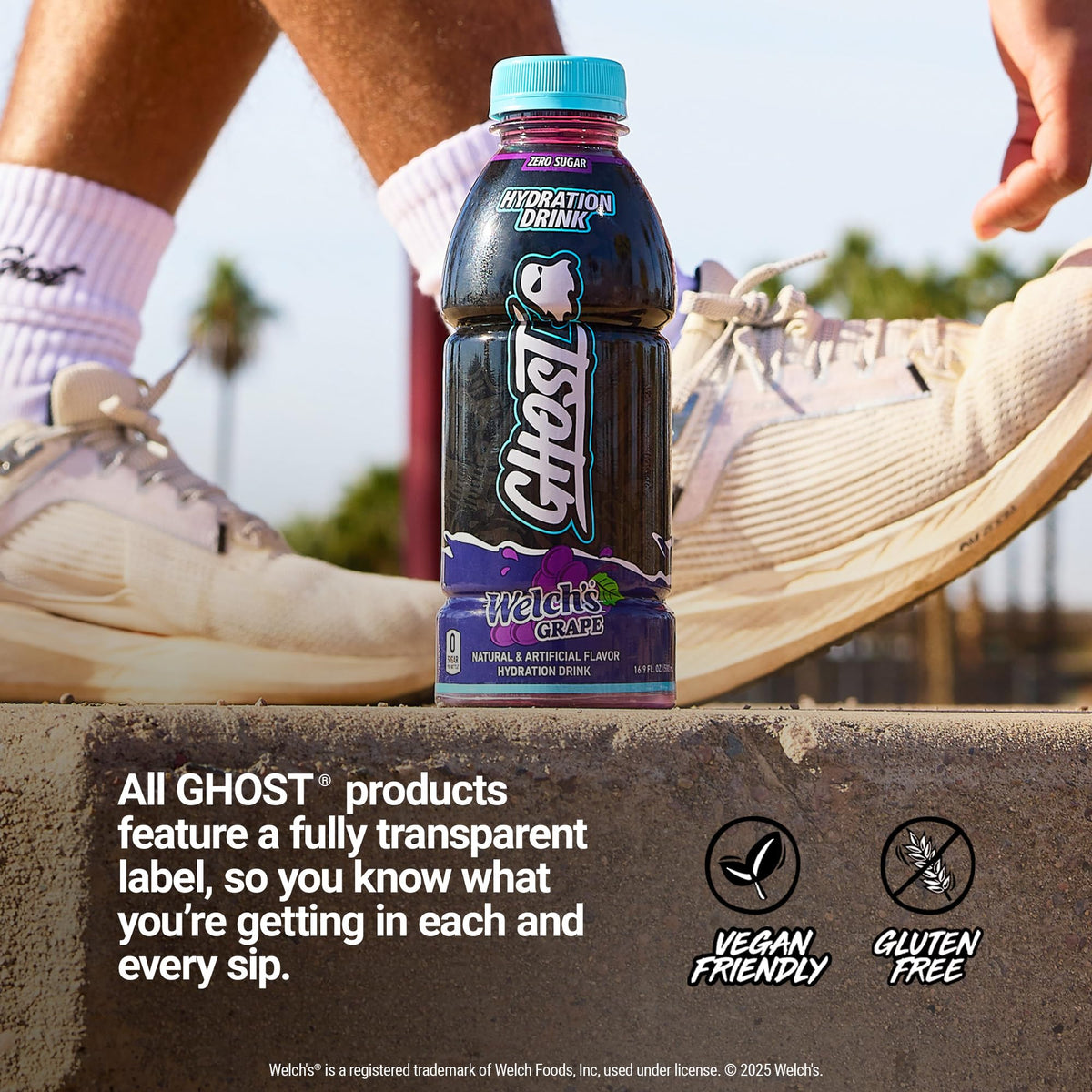 GHOST Hydration glass with ice emphasizes a refreshing chill.