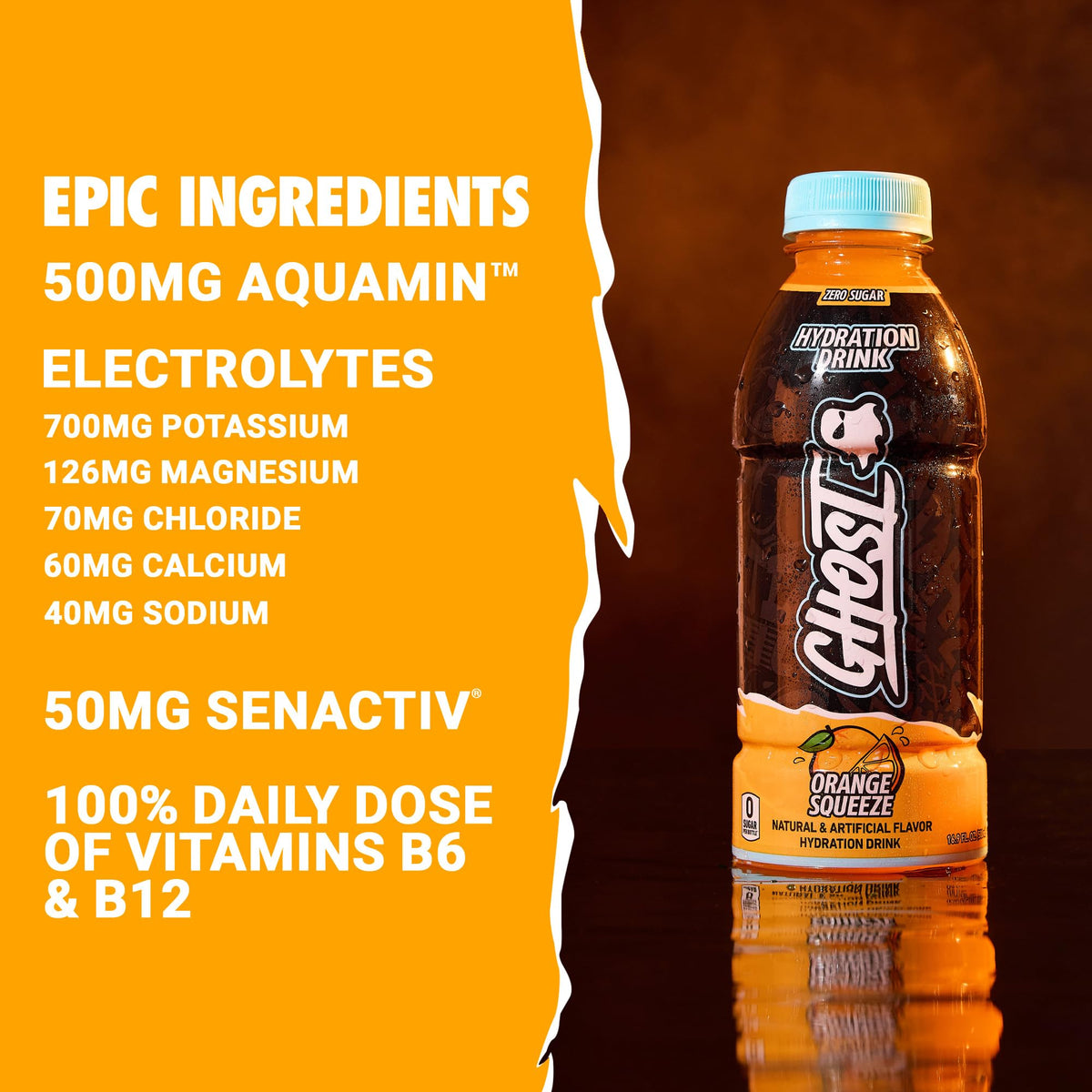 Ghost Hydration Orange Squeeze label with transparent ingredient disclosure.