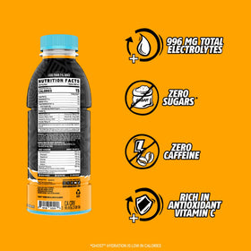 Ghost Hydration Orange Squeeze vitamins and electrolytes highlighted on the label.