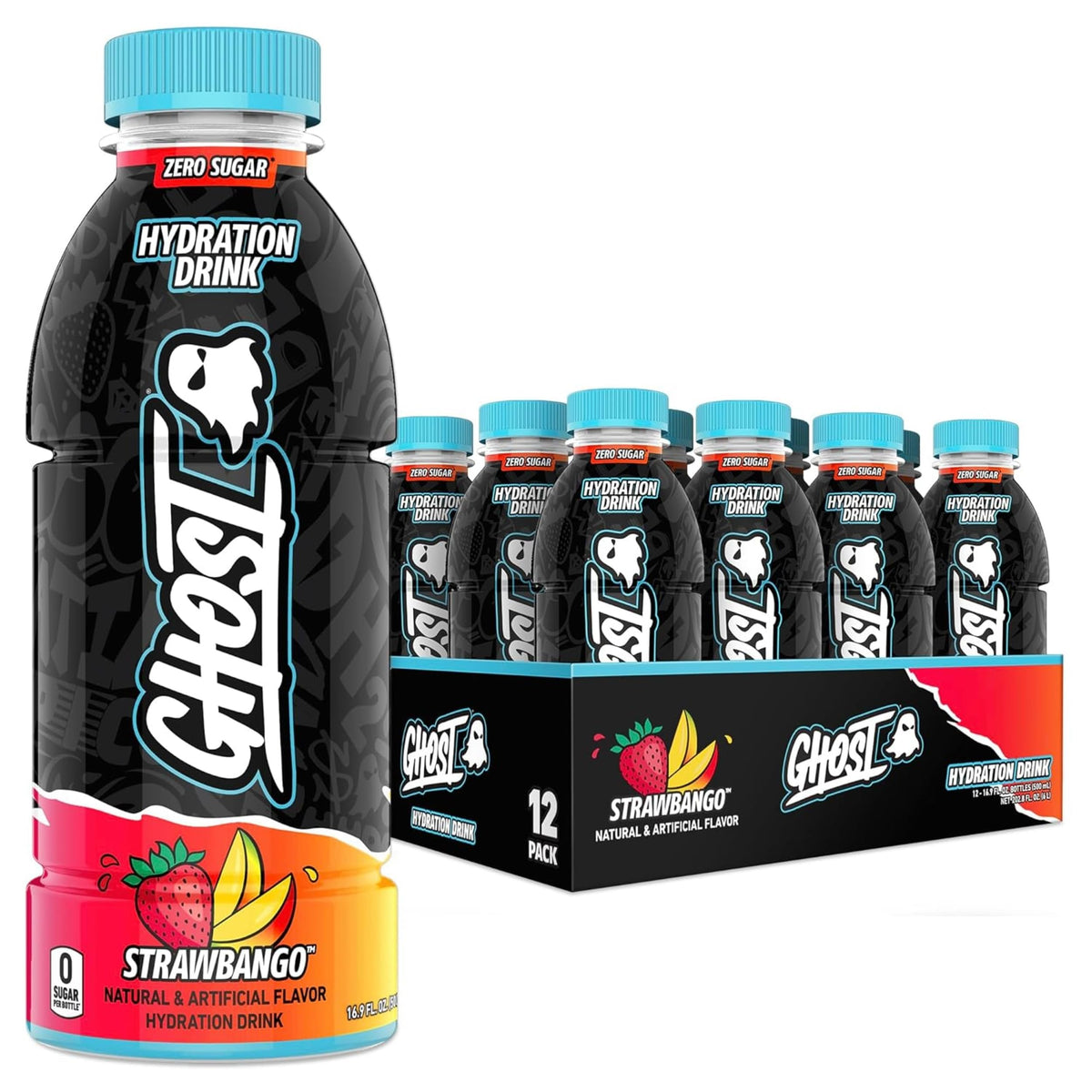 Ghost Hydration Strawbango bottle showcases real ingredients for daily electrolyte support on the go.