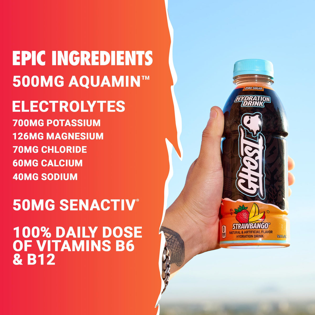 Ghost Hydration Strawbango label shows clear ingredients and zero sugar for guilt-free refreshment.