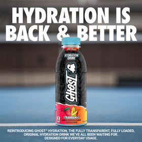 Ghost Hydration Strawbango pour captures refreshing flavor while replenishing electrolytes during workouts.