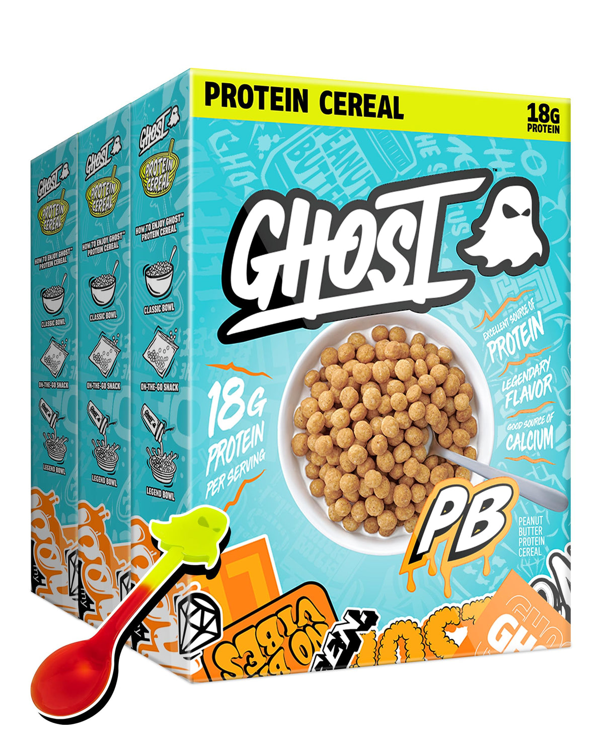 GHOST Protein Cereal Peanut Butter 3-pack boxes for quick mornings.