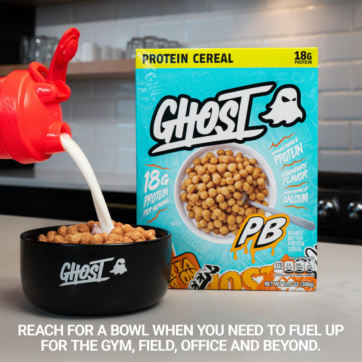 Creamy peanut butter aroma meets crunchy protein puffs in a bowl.