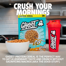 Close-up of GHOST Peanut Butter cereal bowl for a protein-packed breakfast.