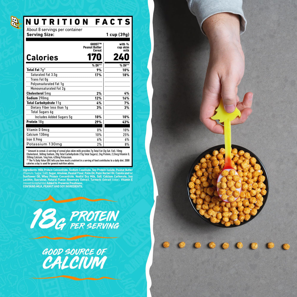 GHOST Protein Cereal with color-changing spoon included for serving convenience.
