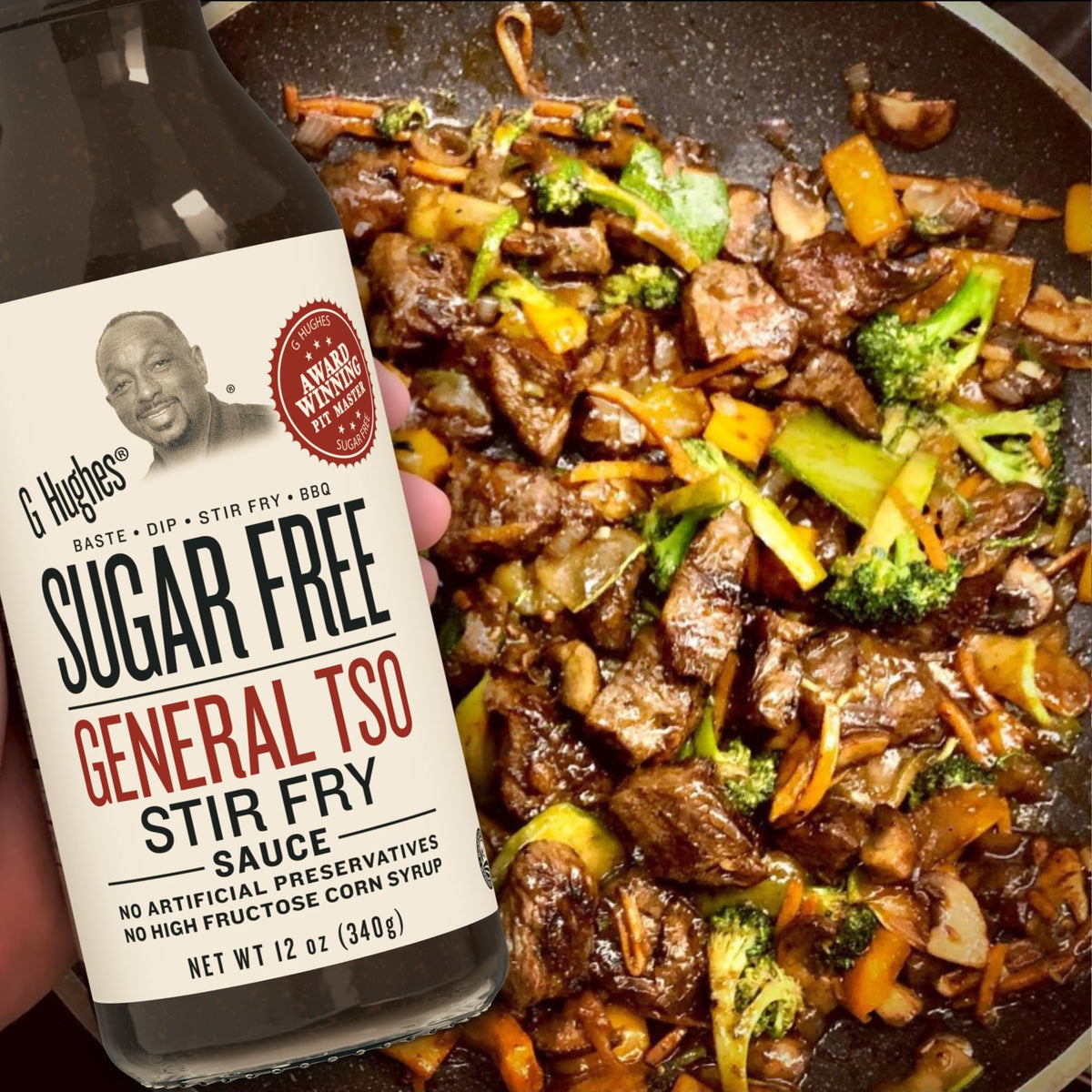 G Hughes General Tso sauce 3-pack on display for pantry-ready meals.