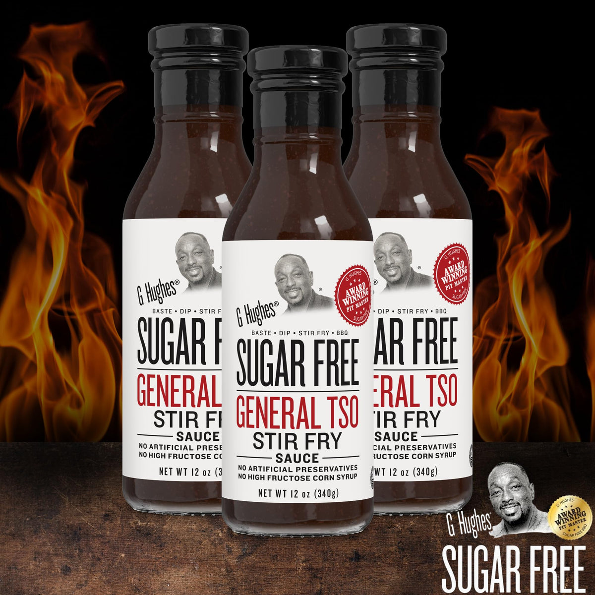 G Hughes General Tso sauce glaze over a colorful stir-fry showcasing gluten-free flavor.