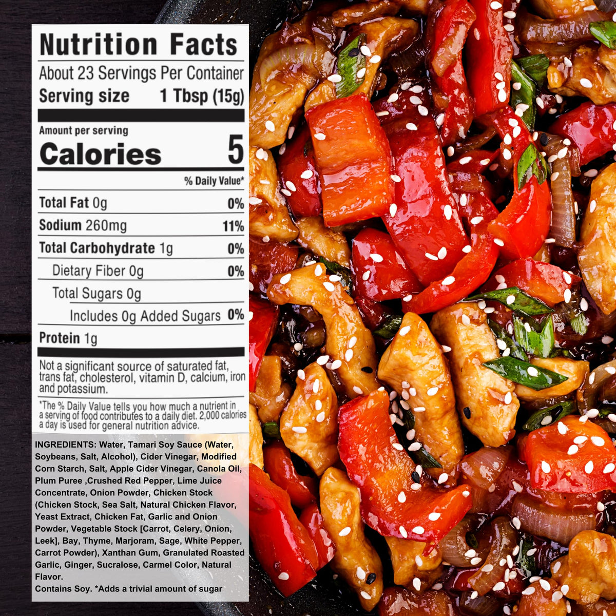 G Hughes General Tso sauce in a hot pan with vegetables for a savory stir-fry.