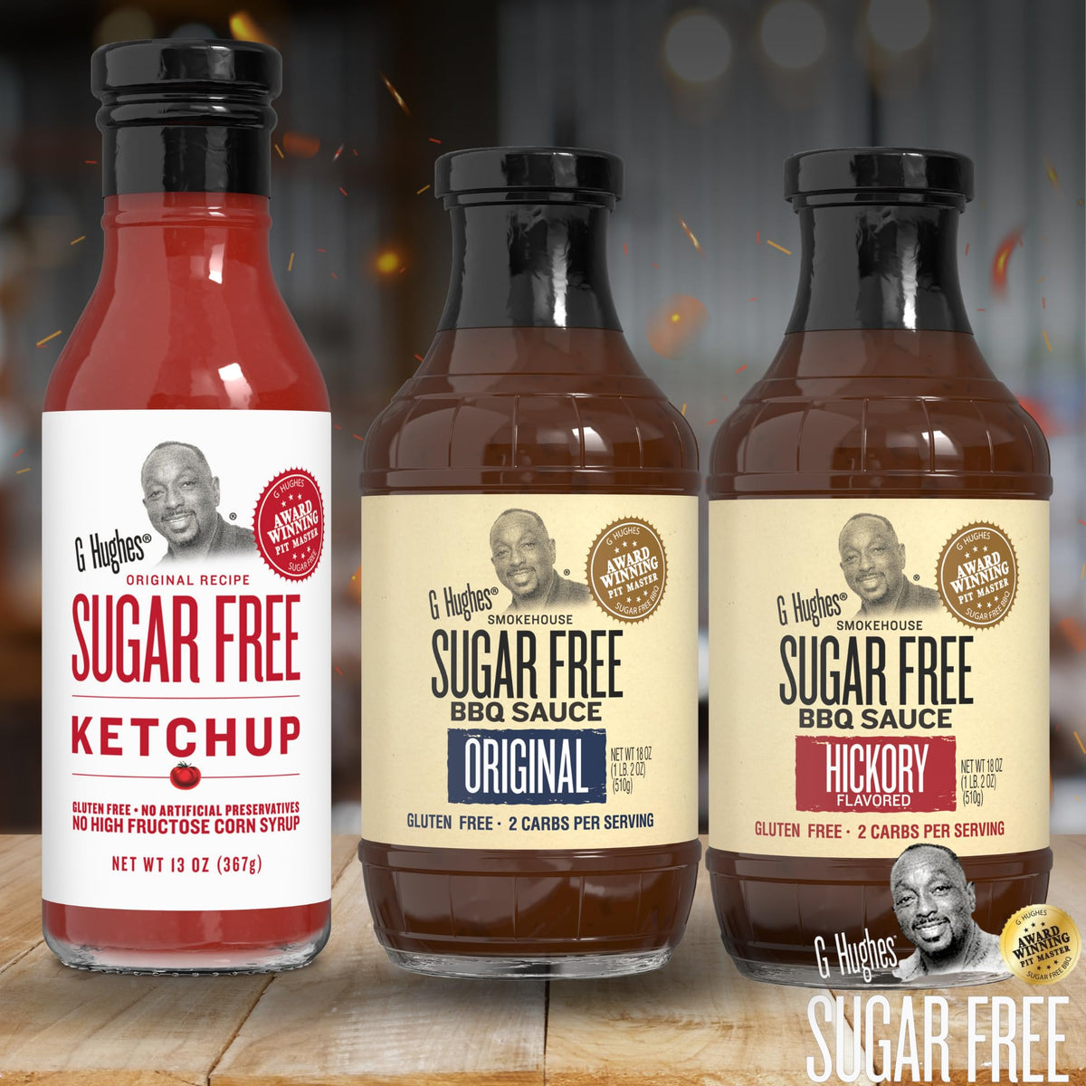 G Hughes Hickory Sugar Free BBQ Sauce adds smoky flavor for grilling.