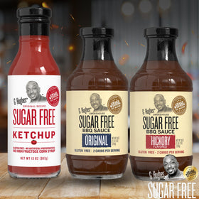 G Hughes Hickory Sugar Free BBQ Sauce adds smoky flavor for grilling.