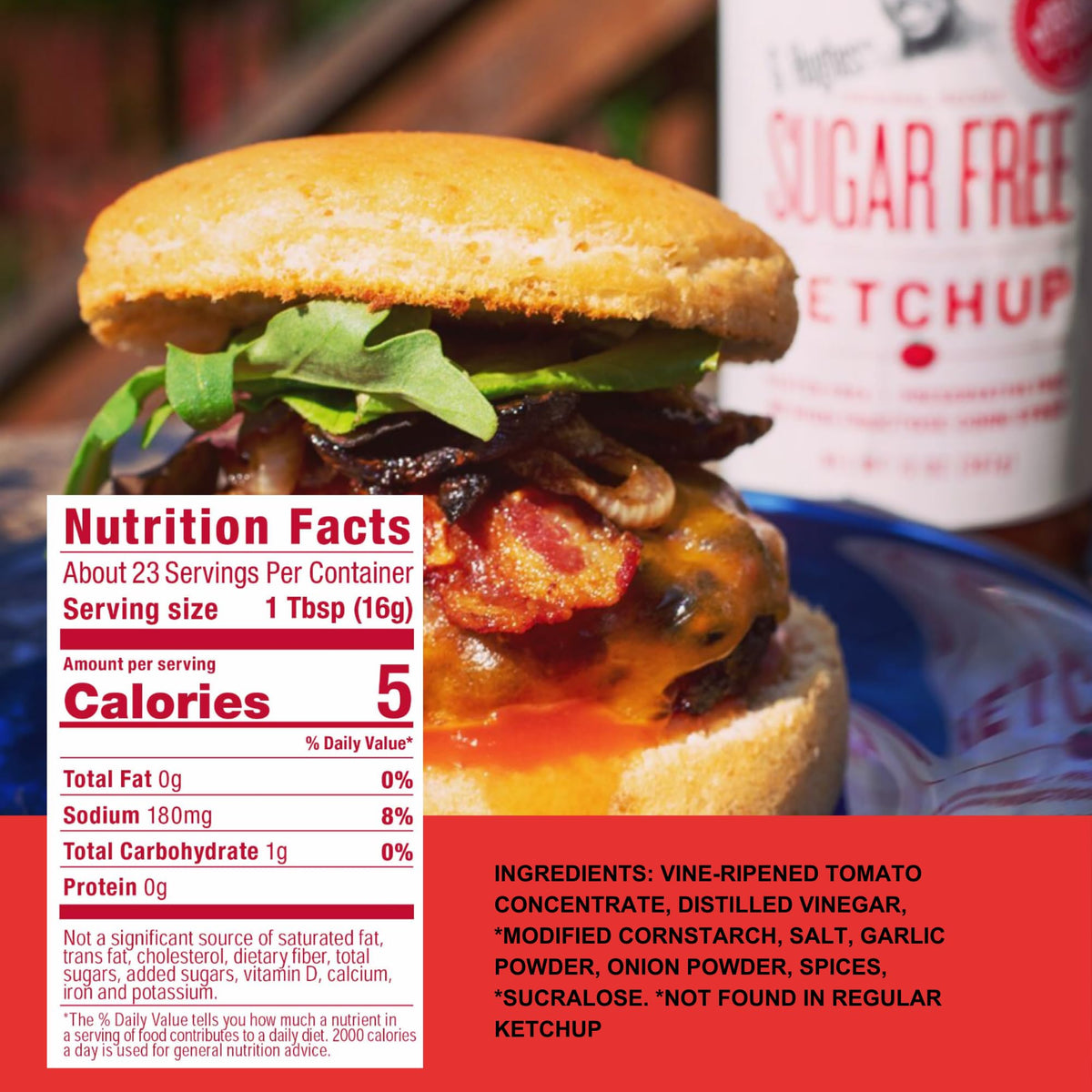 G Hughes Ketchup Sugar Free bottle on table, versatile for burgers and dips.