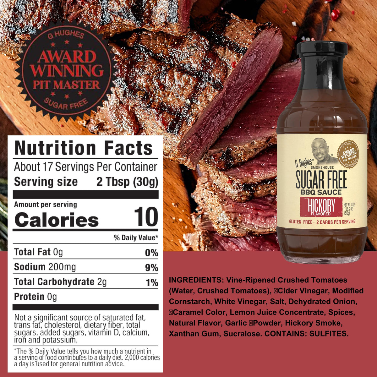 G Hughes Original Sugar Free BBQ Sauce pour showing glossy glaze.