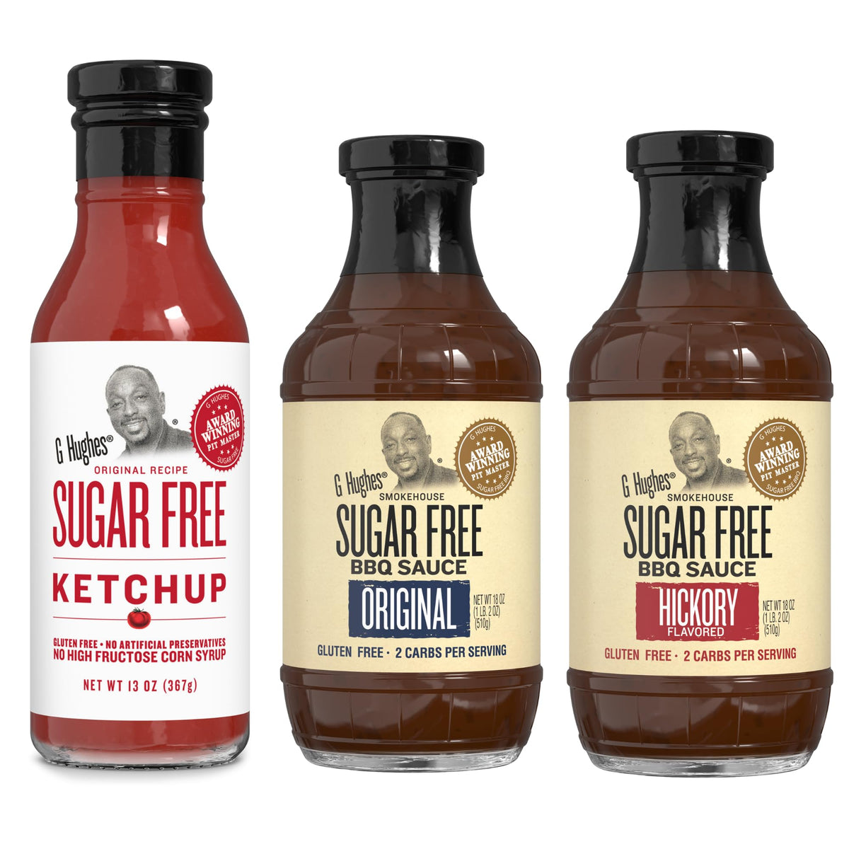 G Hughes Original Sugar Free BBQ Sauce bottle for low-carb meals.