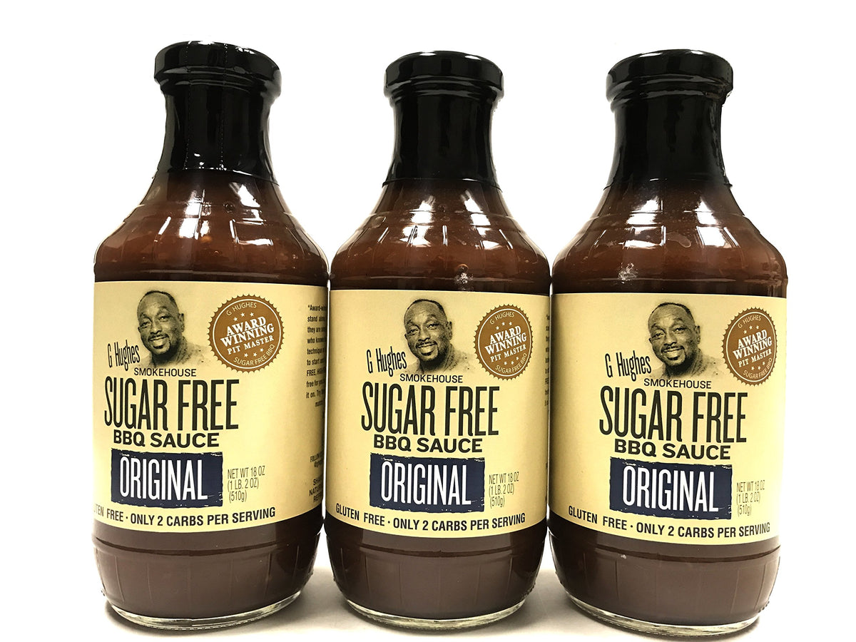 G Hughes Barbecue Original Sugar Free sauce bottle in a 3-pack, ideal for grilling and dipping.